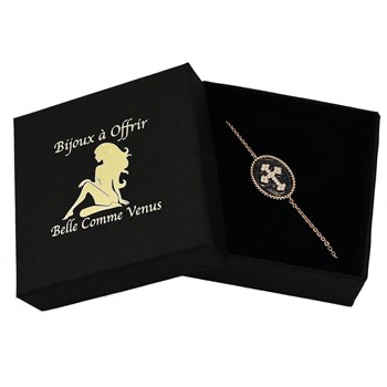 Bracelet croix fleur de lys sertie d'oxyde de zirconium émail noir Plaqué OR 750 3 microns