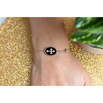 Bracelet croix fleur de lys sertie d'oxyde de zirconium émail noir Plaqué OR 750 3 microns
