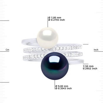 Bague DUO Perles d'Eau Douce 7 et 9 mm Noire et Blanche Joaillerie Argent 925