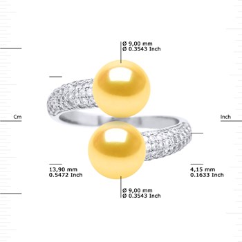 Bague TOI ET MOI 2 Perles d'Eau Douce 9-10 mm Jaunes Dorées Joaillerie Argent 925
