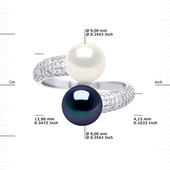 Bague TOI ET MOI 2 Perles d'Eau Douce 9-10 mm Blanche et Noire Joaillerie Argent 925