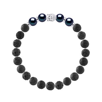 Bracelet BUDDAH Véritables Perles de Culture Colori BLACK TAHITI - Pierre de Lave Naturelle - Argent 925