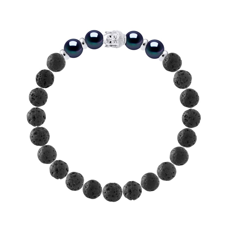 Bracelet BUDDAH Véritables Perles de Culture Colori BLACK TAHITI - Pierre de Lave Naturelle - Argent 925