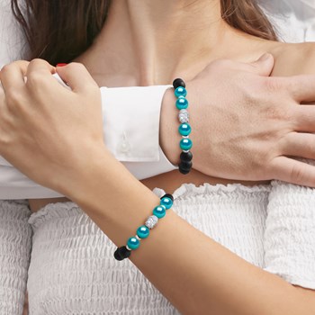Bracelet BUDDAH Véritables Perles de Culture Colori BLEU TURQUOISE - Agate Noire Matte - Argent 925