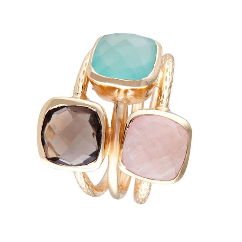 Bague 'Cyclique' Quartz rose, Aqua Calci et Quartz fumé Laiton doré