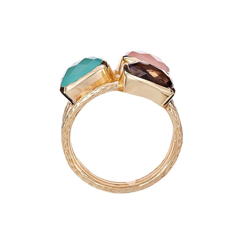 Bague 'Cyclique' Quartz rose, Aqua Calci et Quartz fumé Laiton doré - vue 3
