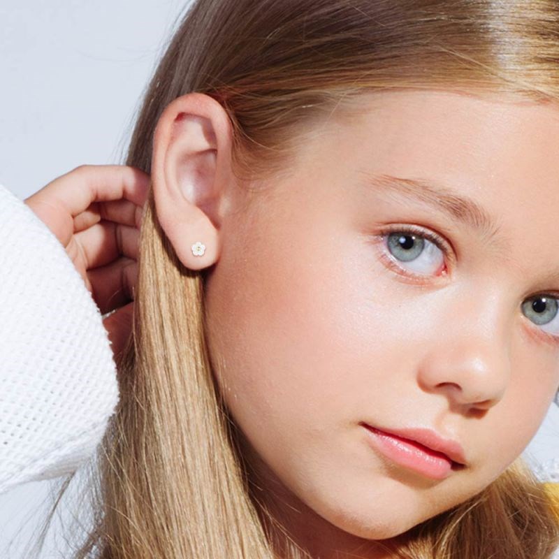 Boucles d'oreilles enfant 'Fleur blanche'  Or Jaune et nacre - vue 2