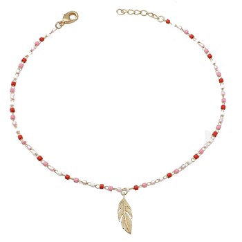 Gold-plated 750 3 microns Miyuki red, pink and white pearls feather anklet chain pendant