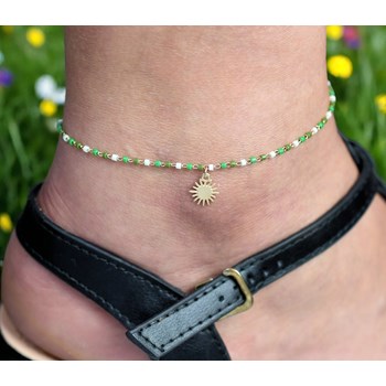 Anklet chain sun pendant Miyuki green gradient beads Gold plated 750 3 microns