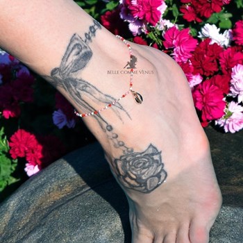 Chaîne de cheville coquillage cauri pendant perles Miyuki rouges roses et blanches Plaqué OR 750 3 microns