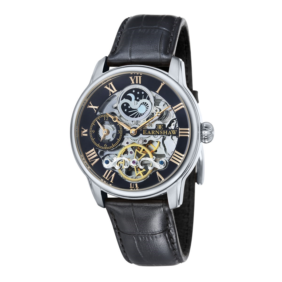 Montre automatique boîtier rond bracelet cuir véritable EARNSHAW LONGITUDE