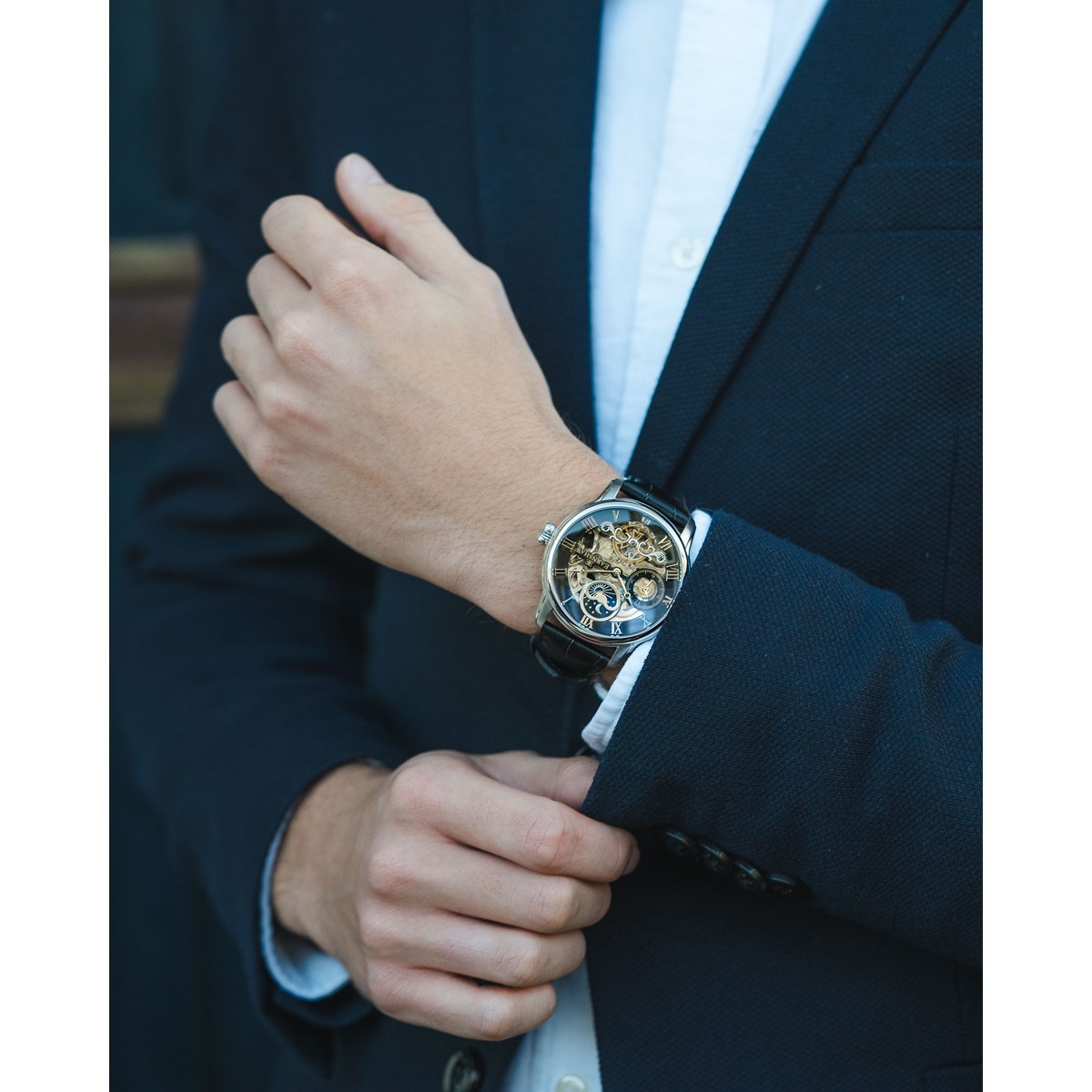 Montre automatique boîtier rond bracelet cuir véritable EARNSHAW LONGITUDE - vue 4