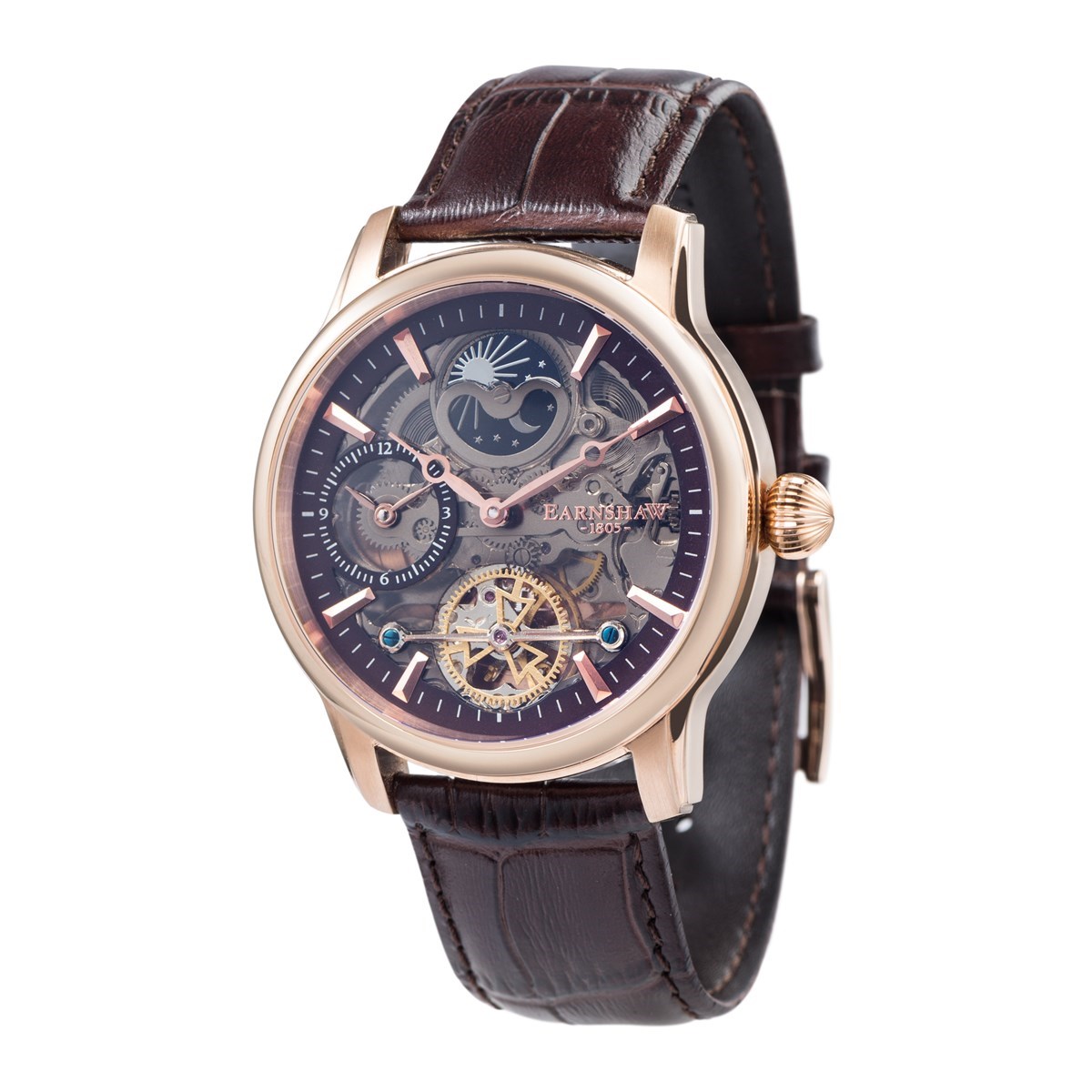 Montre automatique boîtier rond bracelet cuir véritable EARNSHAW Longitude Shadow