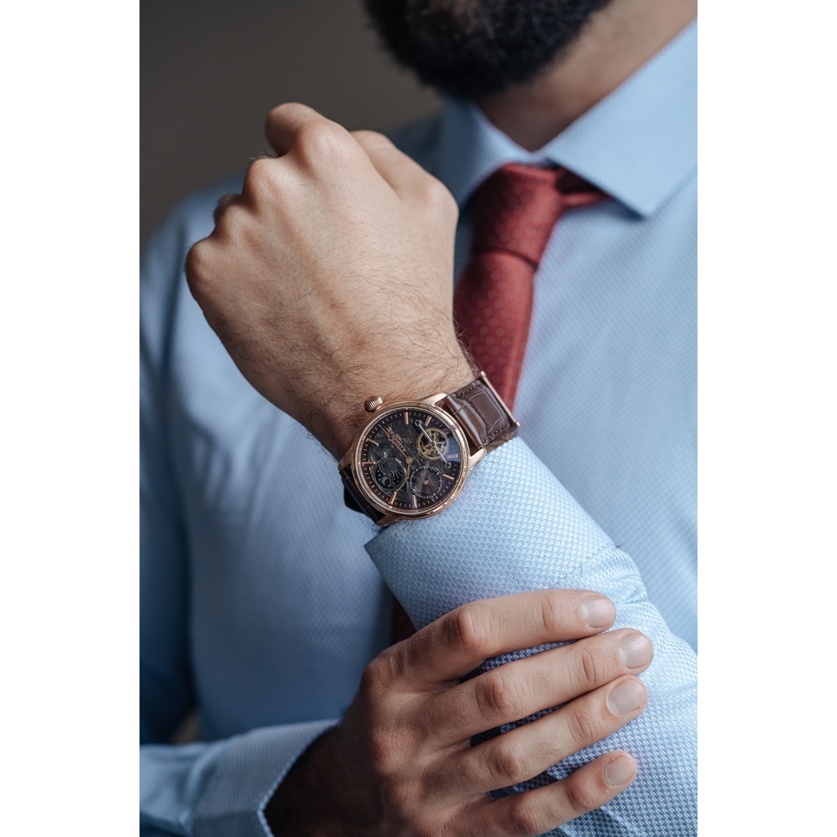 Montre automatique boîtier rond bracelet cuir véritable EARNSHAW Longitude Shadow - vue 5