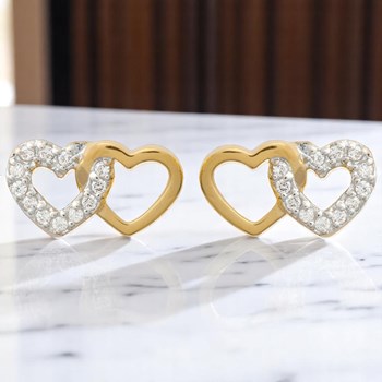 Earrings 2 intertwined hearts zirconium oxide GOLD plated 750 3 microns 2 tone