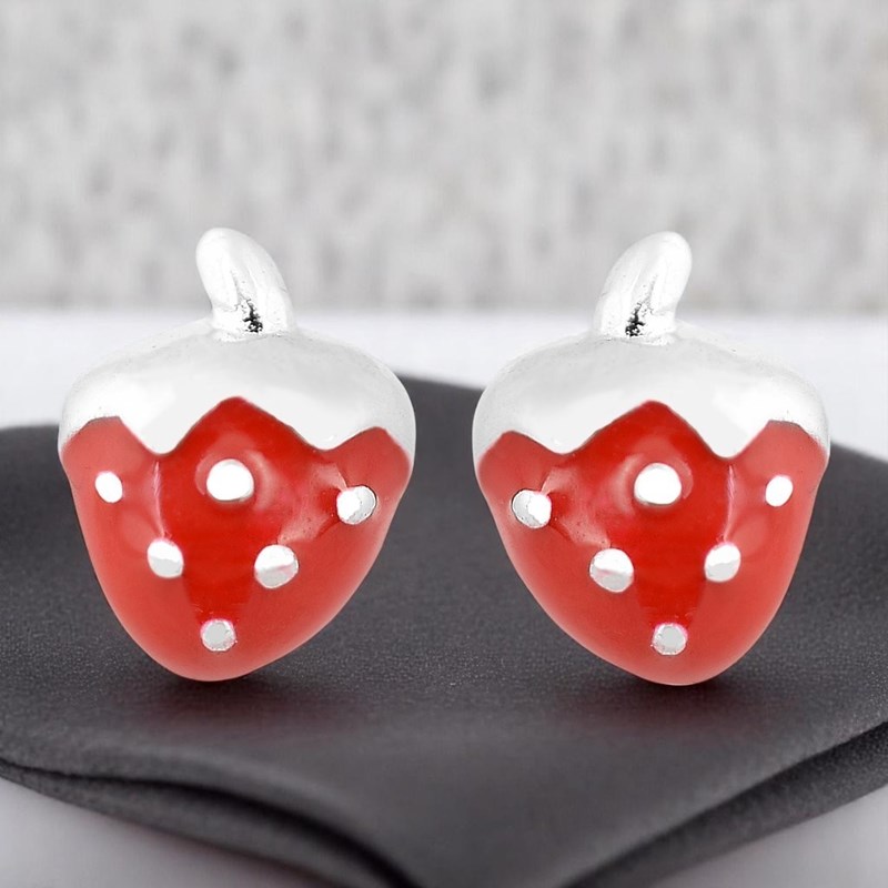 Boucles d'oreilles fraise émail rouge Argent 925 Rhodié - vue 4