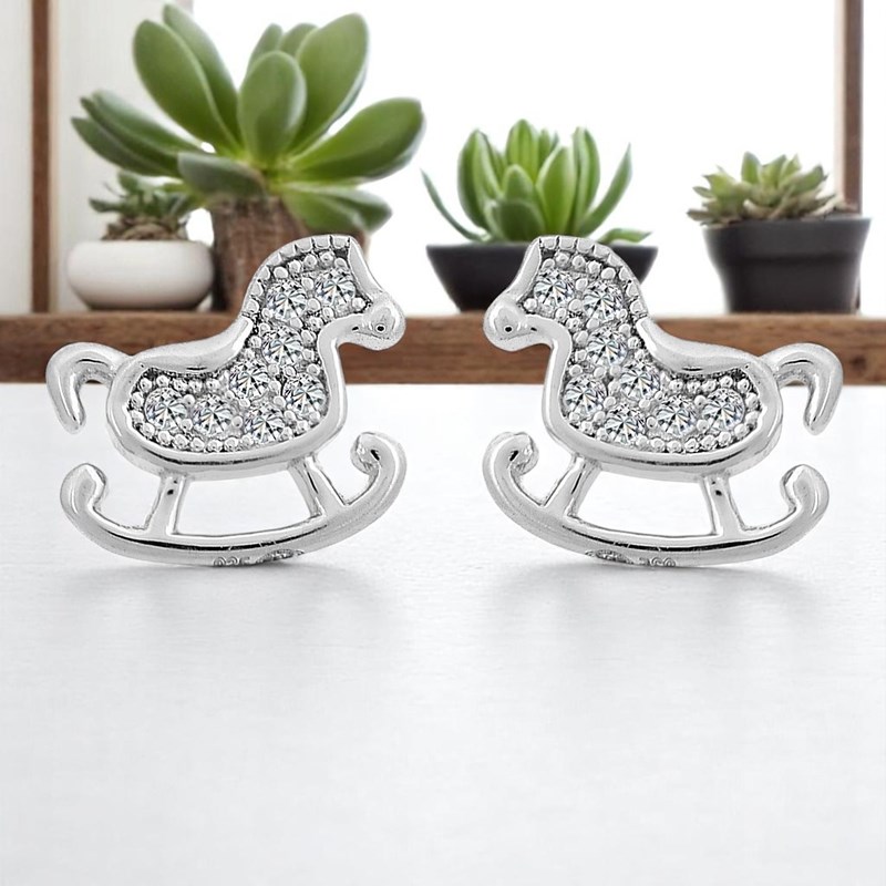 Boucles d'oreilles cheval à bascule serti d'oxyde de zirconium Argent 925 Rhodié - vue 4