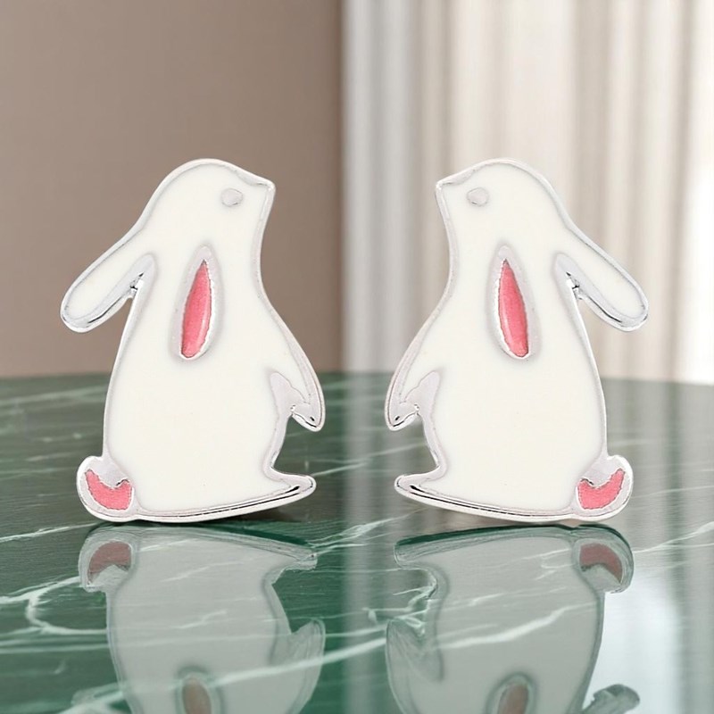 Boucles d'oreilles lapin émail blanc et rose Argent 925 Rhodié - vue 2