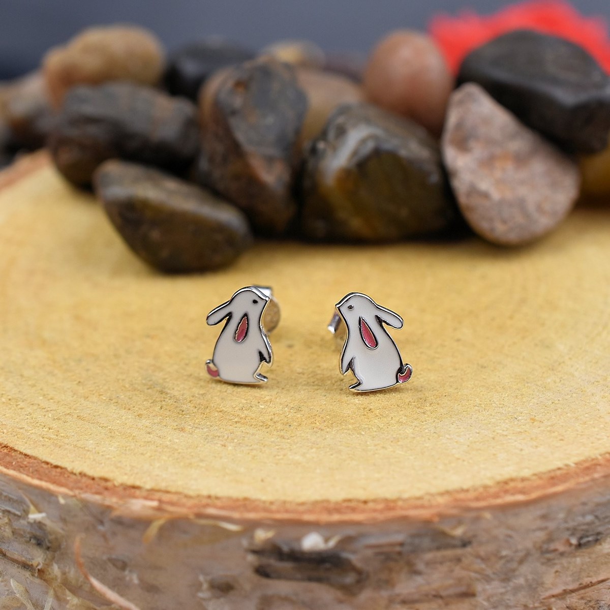 Boucles d'oreilles lapin émail blanc et rose Argent 925 Rhodié - vue 4