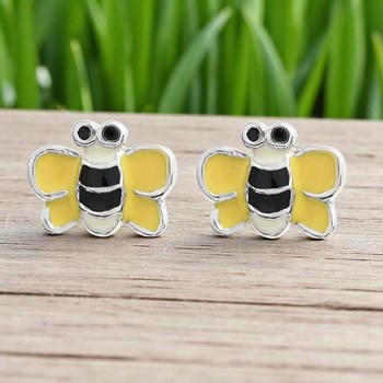 Boucles d'oreilles petite abeille émail jaune, noir et blanc Argent 925 Rhodié