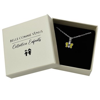 Collier petite abeille émail jaune, noir et blanc Argent 925 Rhodié