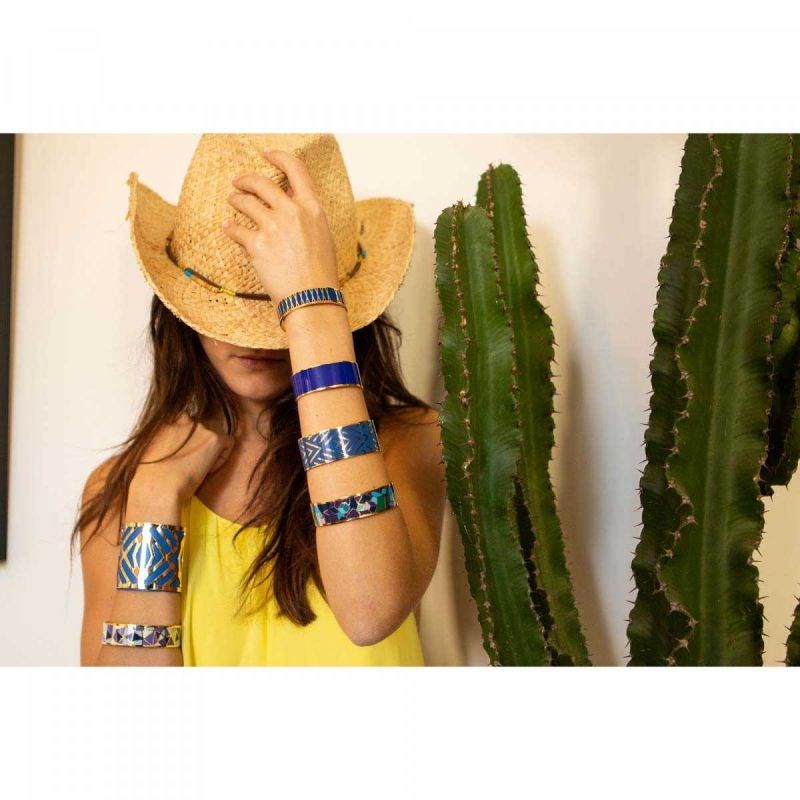 Bracelet manchette 'MEXICO' Émail bleu finition dorée - vue 2