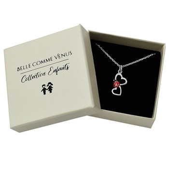 Collier 2 coeurs coccinelle émail rouge et noir Argent 925 Rhodié