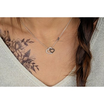 Necklace 2 black and white zirconium oxide hearts 925 Rhodium Silver
