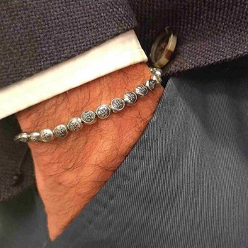 Bracelet Homme 'EDER' avec perles martellées en Argent 925 et cordon rouge