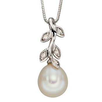 Parel en diamanten collier op witgoud 375/1000