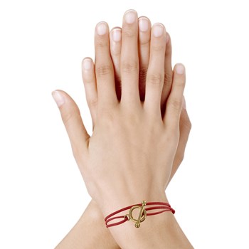 Bracelet Double Tour Plaqué Or Fermoir T et Lien en Cuir Coulissant - Rouge