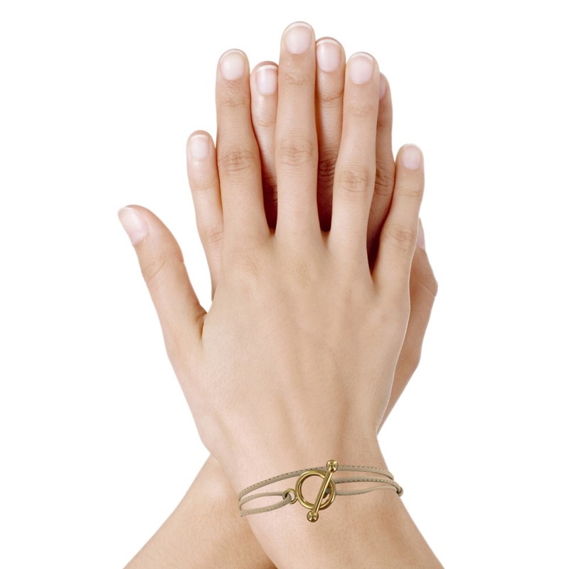 Bracelet Double Tour Plaqué Or Fermoir T et Lien en Cuir Coulissant - Beige - vue 2