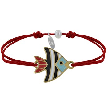 Bracelet Lien Médaille en Laiton Poisson Émaillée Blanche et Noire - Rouge