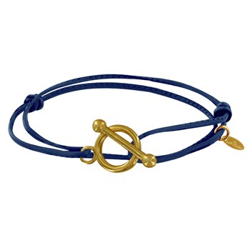 Bracelet Double Tour Plaqué Or Fermoir T et Lien en Cuir Coulissant - Bleu Navy
