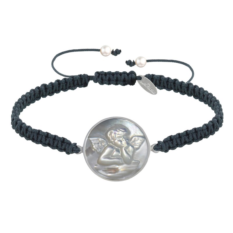 Bracelet Lien Tréssé Médaille Ronde Argent 925 et Nacre Ange Raphaël - Gris