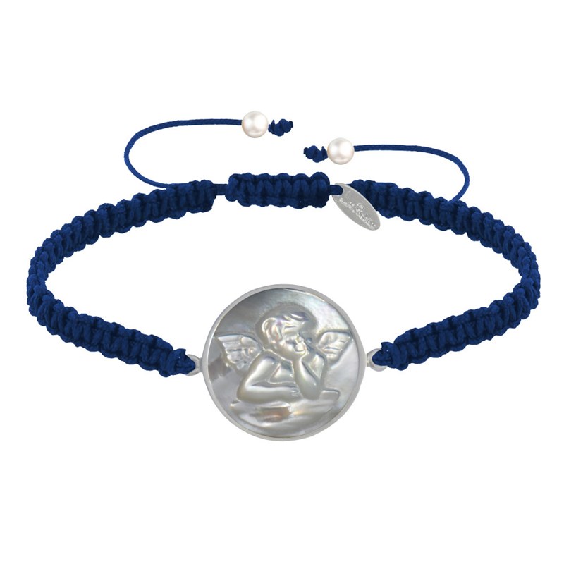 Bracelet Lien Tréssé Médaille Ronde Argent 925 et Nacre Ange Raphaël - Bleu Navy