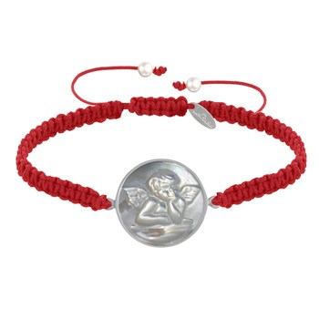 Bracelet Lien Tréssé Médaille Ronde Argent 925 et Nacre Ange Raphaël - Rouge