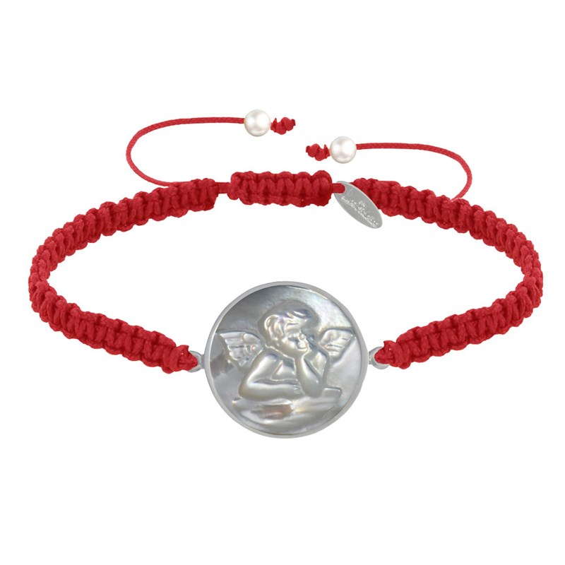 Bracelet Lien Tréssé Médaille Ronde Argent 925 et Nacre Ange Raphaël - Rouge
