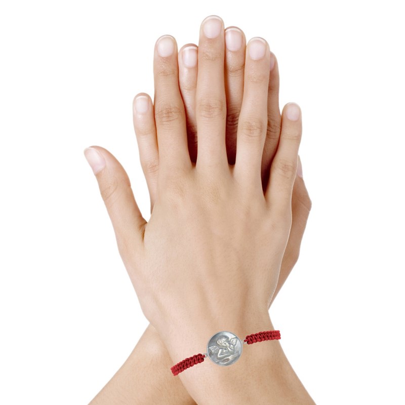 Bracelet Lien Tréssé Médaille Ronde Argent 925 et Nacre Ange Raphaël - Rouge - vue 2