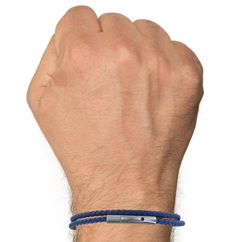 Bracelet Homme Double Tour Cuir Tréssé Rond pour Poignet 19cm - Bleu Navy