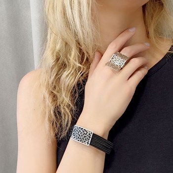 Handmade silver-plated soft bracelet with cord, magnetic clasp and geometric arabesque design