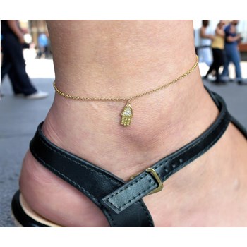 Anklet chain Fatma's hand set with zirconium oxide Gold plated 750 3 microns
