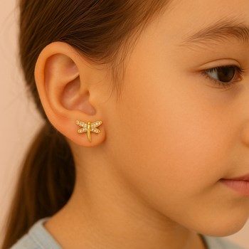 Boucles d'oreilles libellule sertie d'oxyde de zirconium Plaqué or 750 3 microns