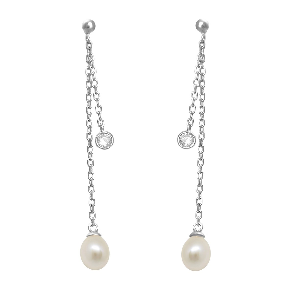 Boucles d'oreilles perle d'eau douce et oxyde de zirconium 2 chaînes pendantes Argent 925 Rhodié