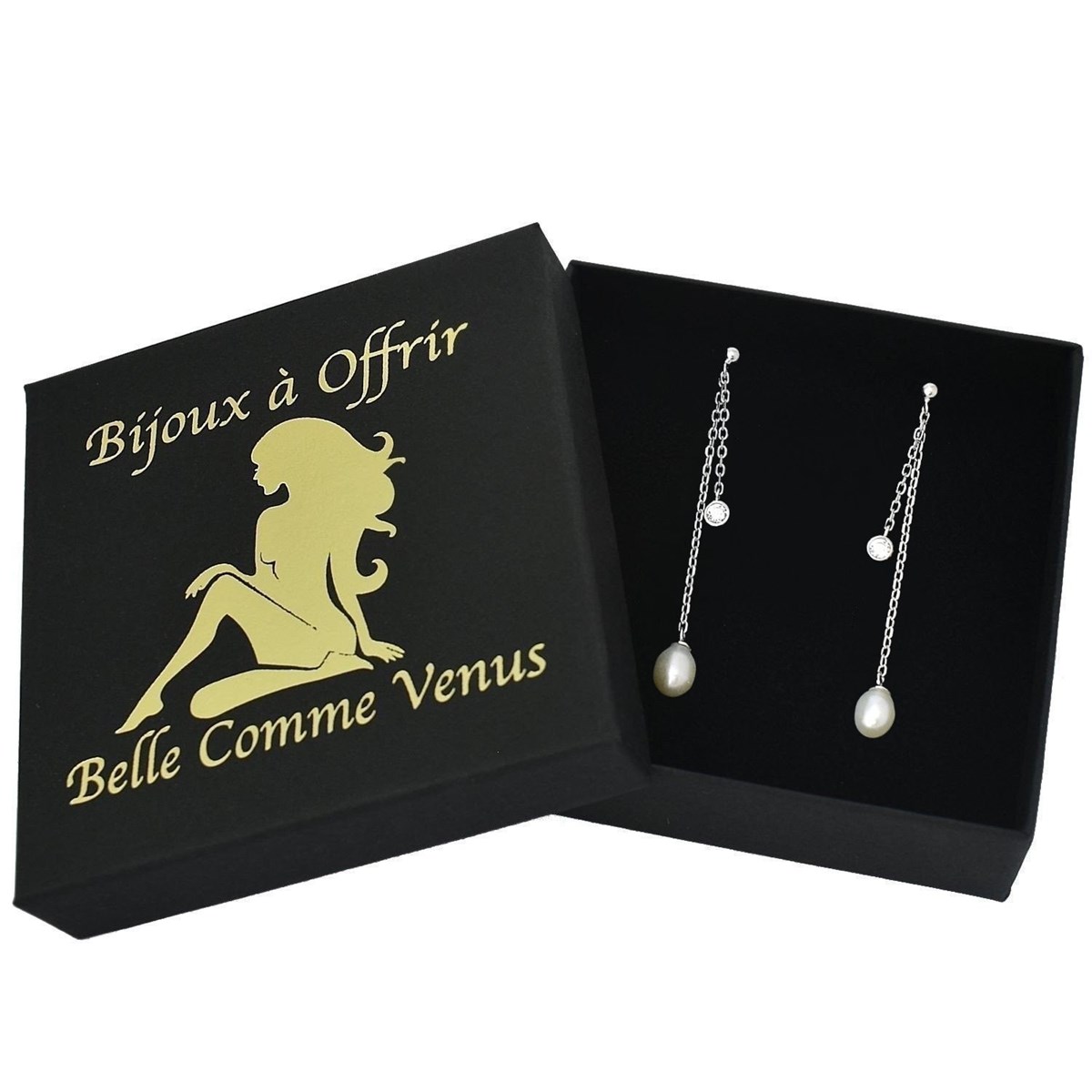 Boucles d'oreilles perle d'eau douce et oxyde de zirconium 2 chaînes pendantes Argent 925 Rhodié - vue 3