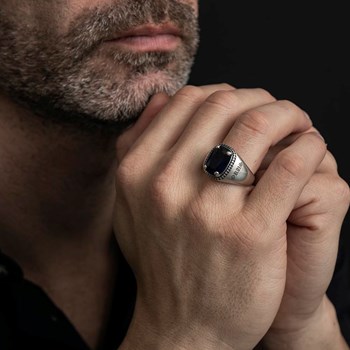 Chevalière Argent Homme Quartz Bleu Saphir Cavalier D'enfer
