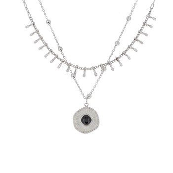 Double-row medallion necklace in silver-plated steel with black Swarovski crystal and adjustable chain