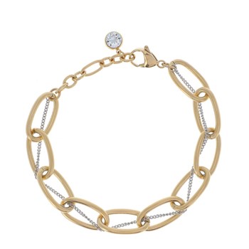 Bracelet en acier doré et argenté double chaîne en maille de différentes tailles, chaînette réglable, avec pierre Crystal Swarovski