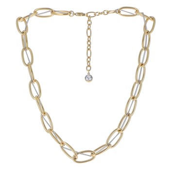Collier en acier doré et argenté double chaîne en maille de différentes tailles, chaînette réglable, avec pierre Crystal Swarovski
