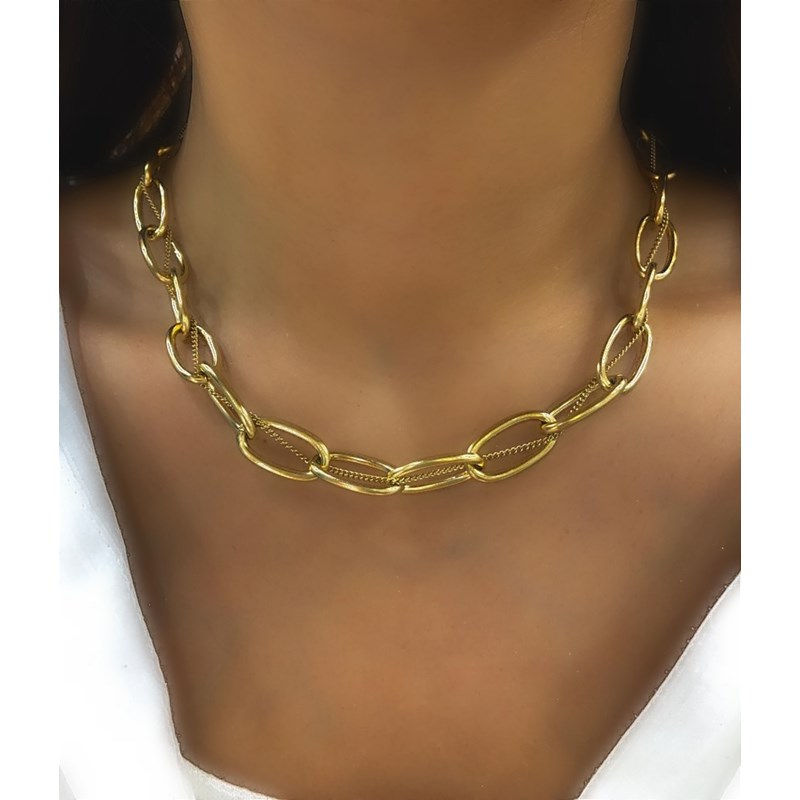 Collier en acier doré et argenté double chaîne en maille de différentes tailles, chaînette réglable, avec pierre Crystal Swarovski - vue 2